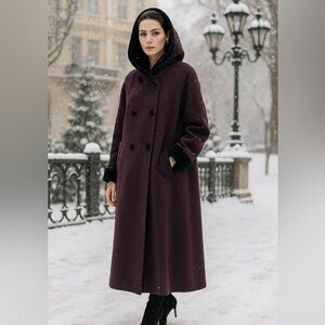 Vintage Halston Elegant Plum Ling Wool Coat Black Velvet Cuffs Collar Size 12